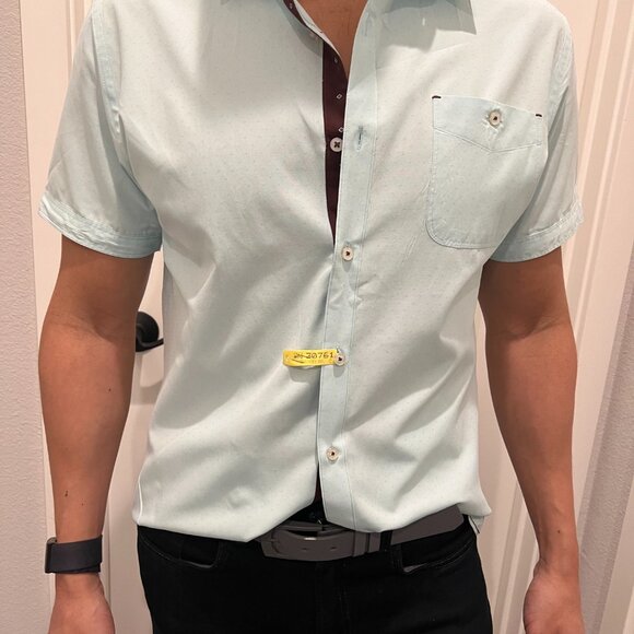 Fitted light teal blue/brown button down - Picture 3 of 10